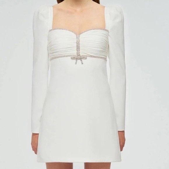 Self-Portrait Diamante Bow Mini Dress Crepe Long Sleeve White US Size 4 New - Picture 1 of 13